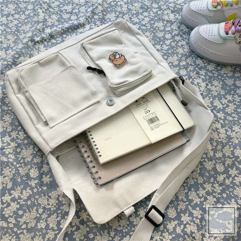 

Shopping Bags Women Canvas Bag Preppy Large Capacity Korean Harajuku Ulzzang All-match Cute Females Students Cross-body Pockets