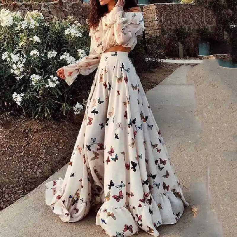 

Two Piece Elegant Petal Sleeve Crop Top & High Waist Ruffle Hem Maxi Skirt Set Fashion Slim Boho Beach Skirt Suits