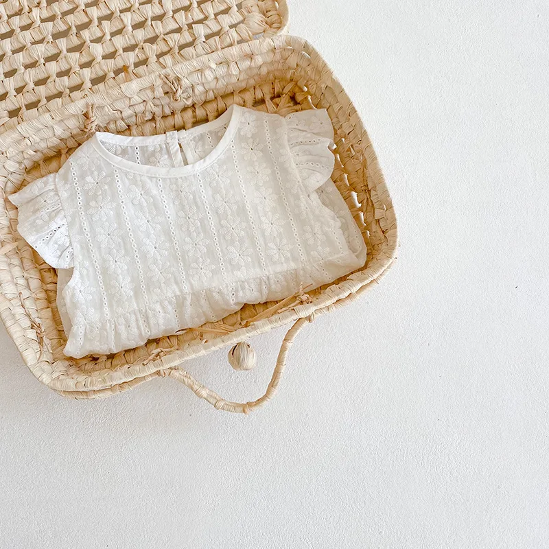 

Infant Baby Girls Romper, Newborn's Fly Sleeve Hollow out Embroidery Flower Round Neck Jumpsuit for Toddler