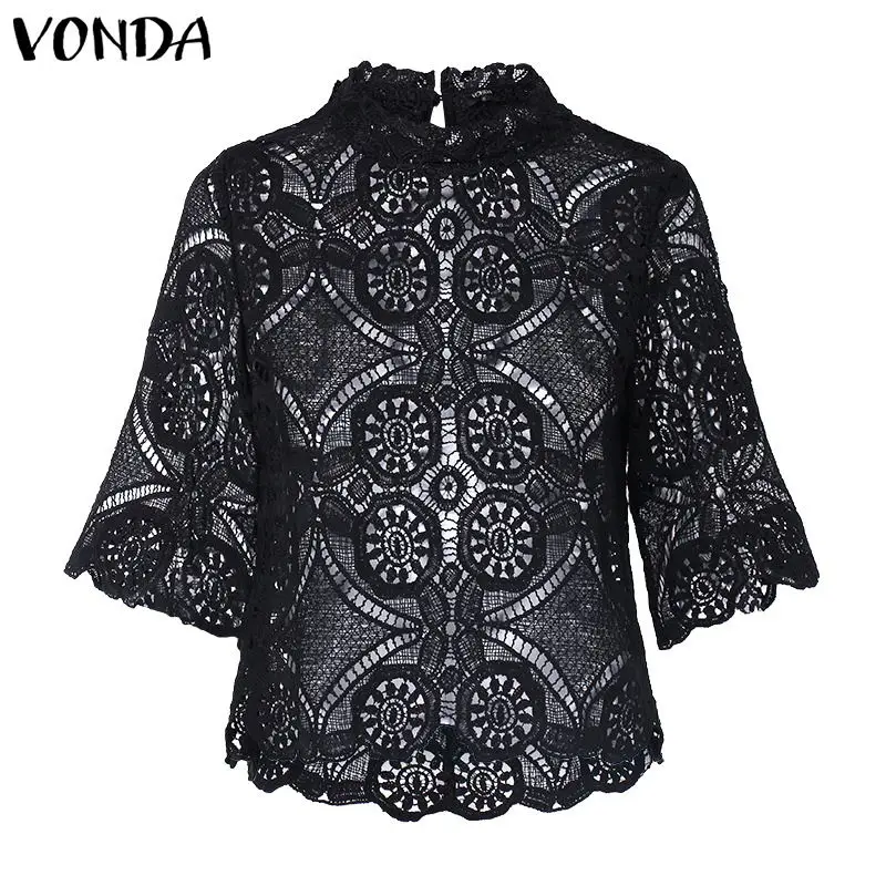 Black Женские рубашки, женские блузки и топы,, VONDA, Модные женские сексуальные кружевные блузы, женские офисные топы с круглым вырезом, открытая туника - Цвет: Black