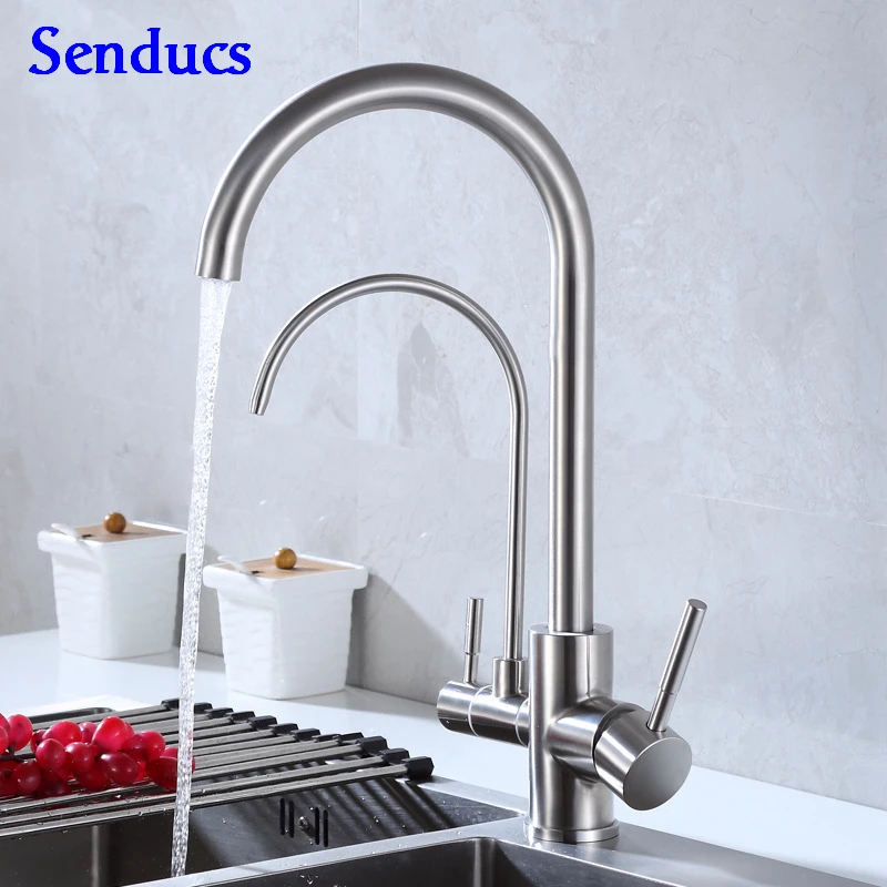 Кухонный кран из нержавеющей стали с двойной ручкой матовый фильтр кухонный для