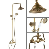 antique brass wall mounted bathroom rain shower faucet shower head set mixer tap dual ceramic handles levers man110