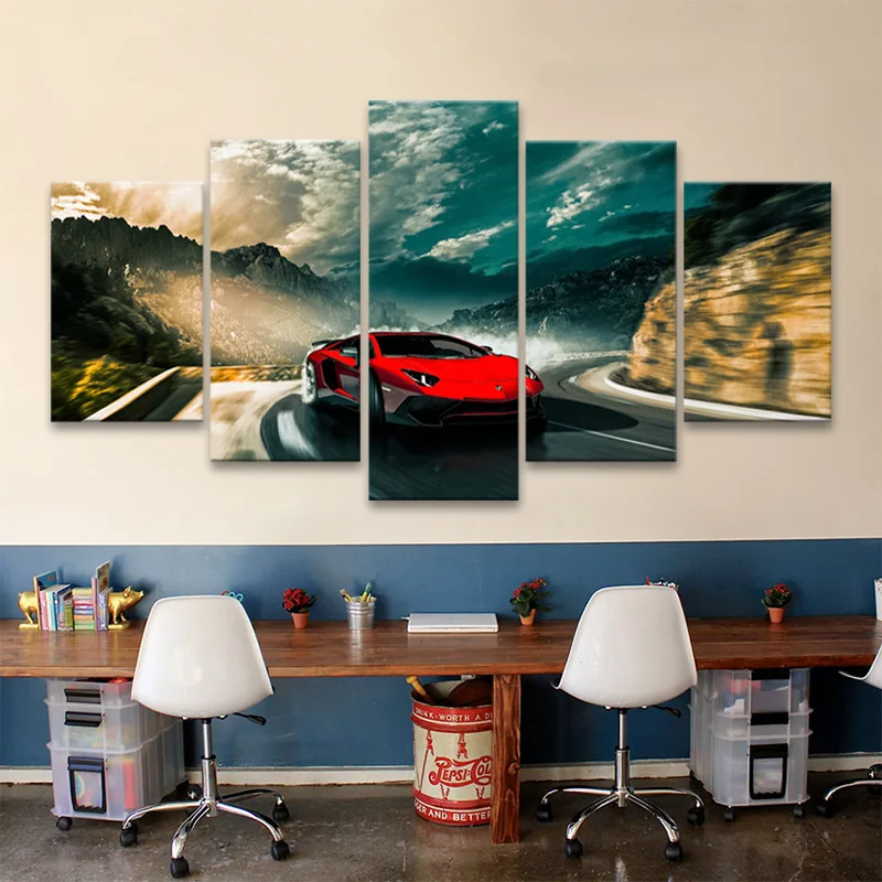 

Modular landscape red Lamborghini Aventador 5 pcs supercar art posters and prints living room home decoration wall art pictures