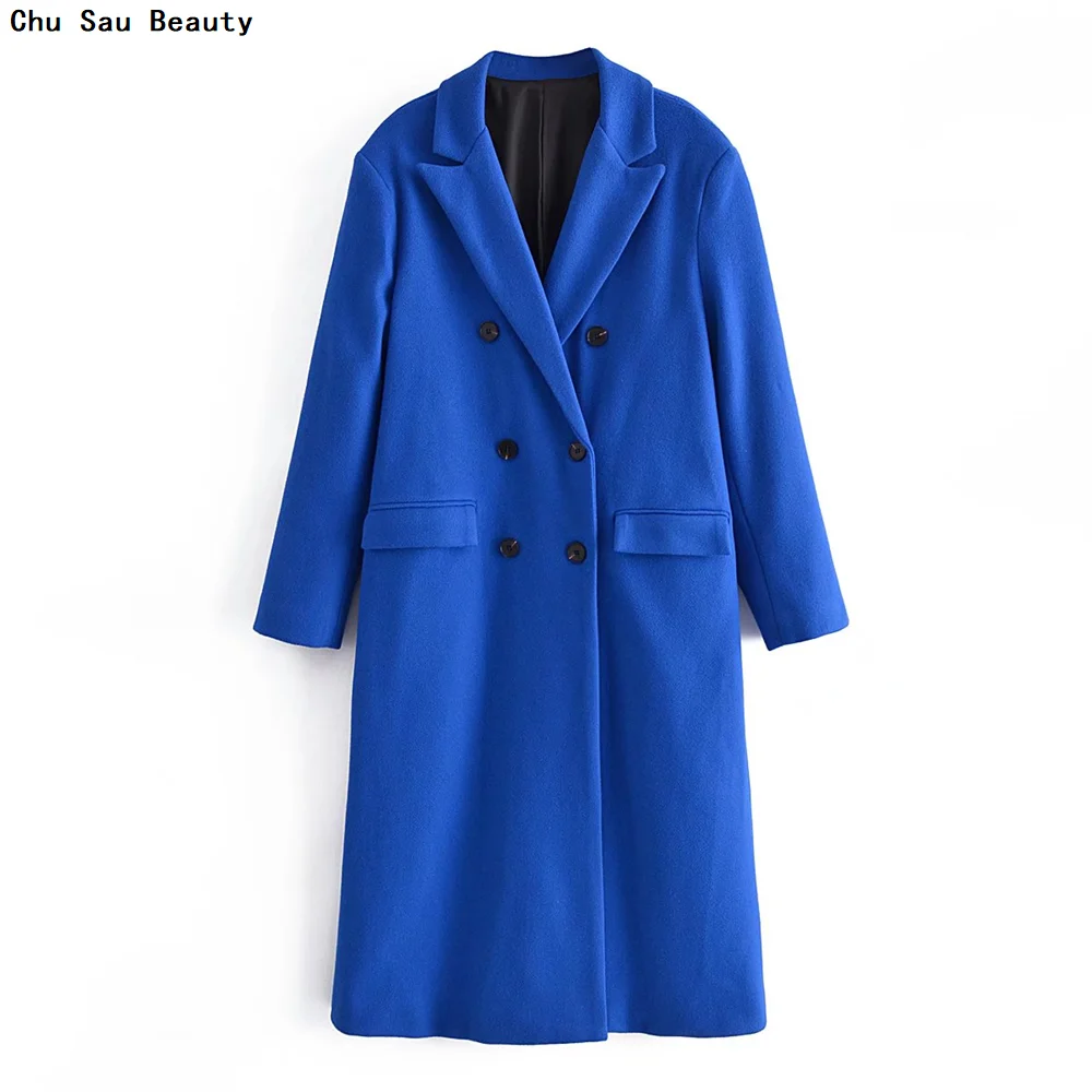 Женское шерстяное двубортное пальто ZA свободная синяя куртка средней длины с