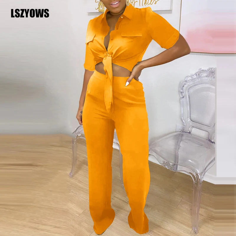 

Casual Women Two Piece Set Short Sleeve Button Up Lace Up Shirt Tops and Straight Pants Loungewear Suits Summer 2 Pieces Outfits