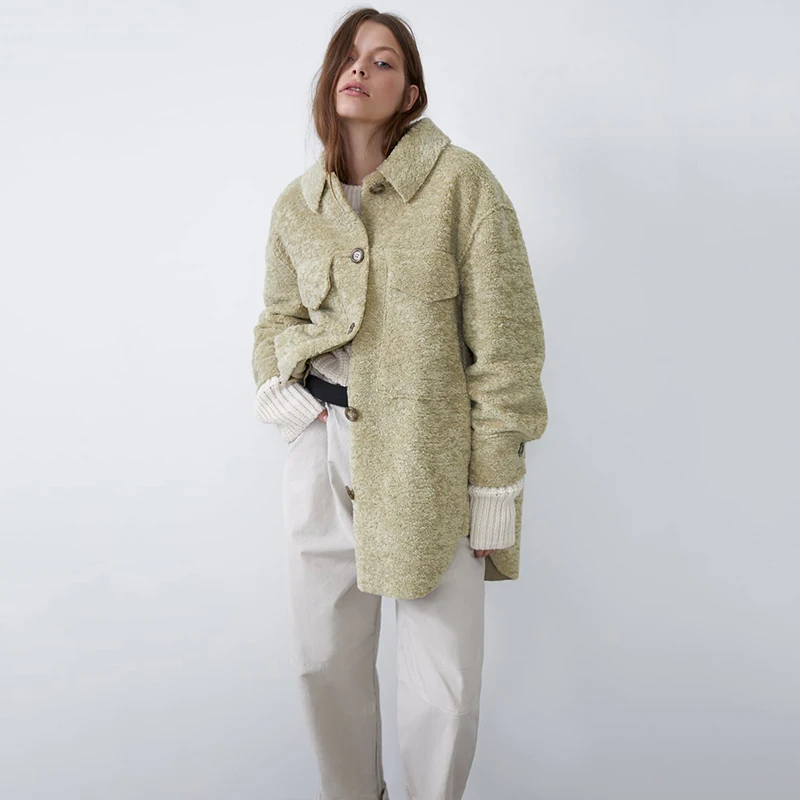 Женская длинная рубашка с отворотом ZA повседневное Свободное пальто из овечьей