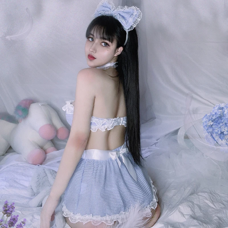 Небесно-Голубой в клетку пикантные застежкой-молнией на спине ночная рубашка для