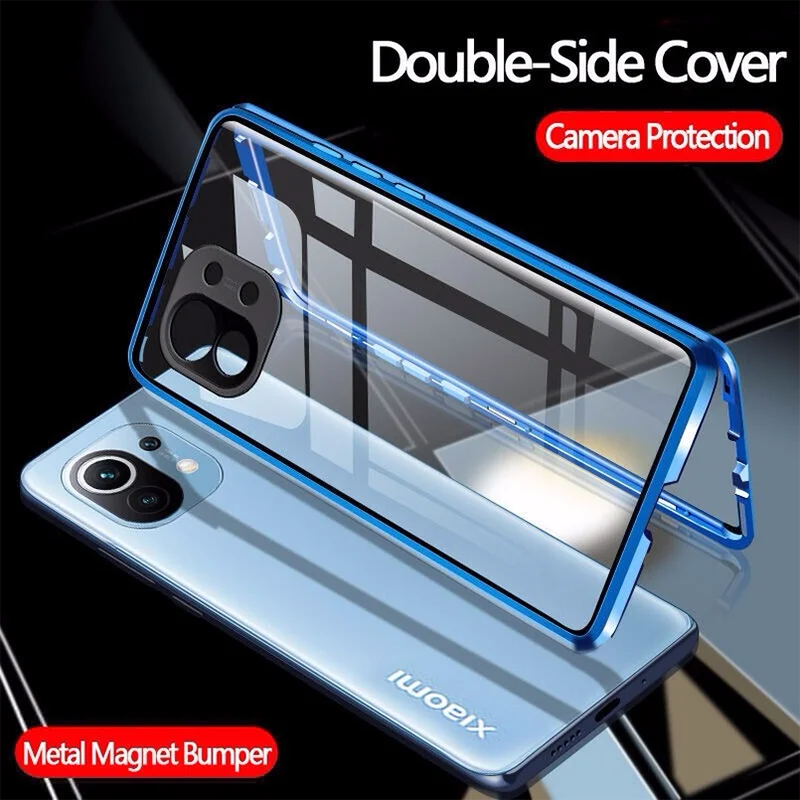 

Double sided glass Magnetic case for Xiaomi Mi 11 Lite Alumium metal 360 degree Full Case Protect the lens