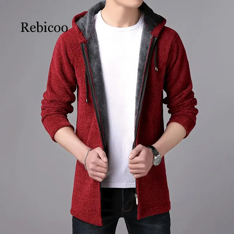 

2019 winter men's long section plus velvet sweater hooded casual knit jacket