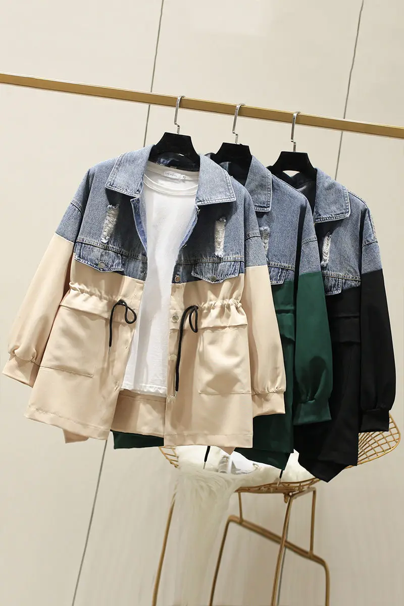 

2020 Spring Coat Extra Large Size Women Jacket Long Drawstring Patchwork Denim Color Matching Windbreaker Outerwear Autumn r434