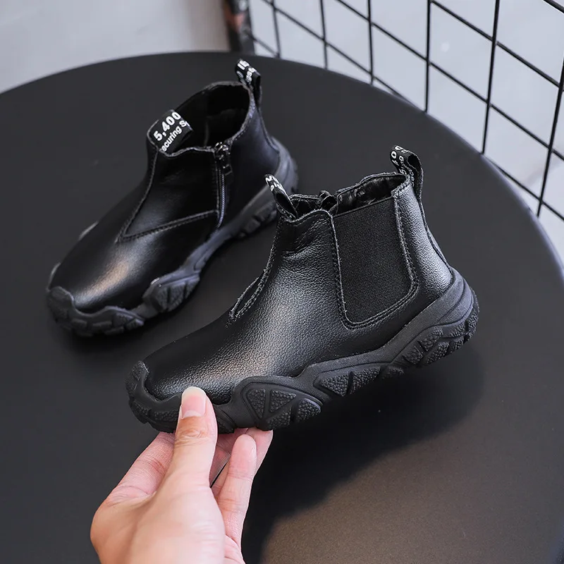 

2022 autumn and winter new children black casual warm Martin boots boys genuine leather non-slip wear-resistant British boots