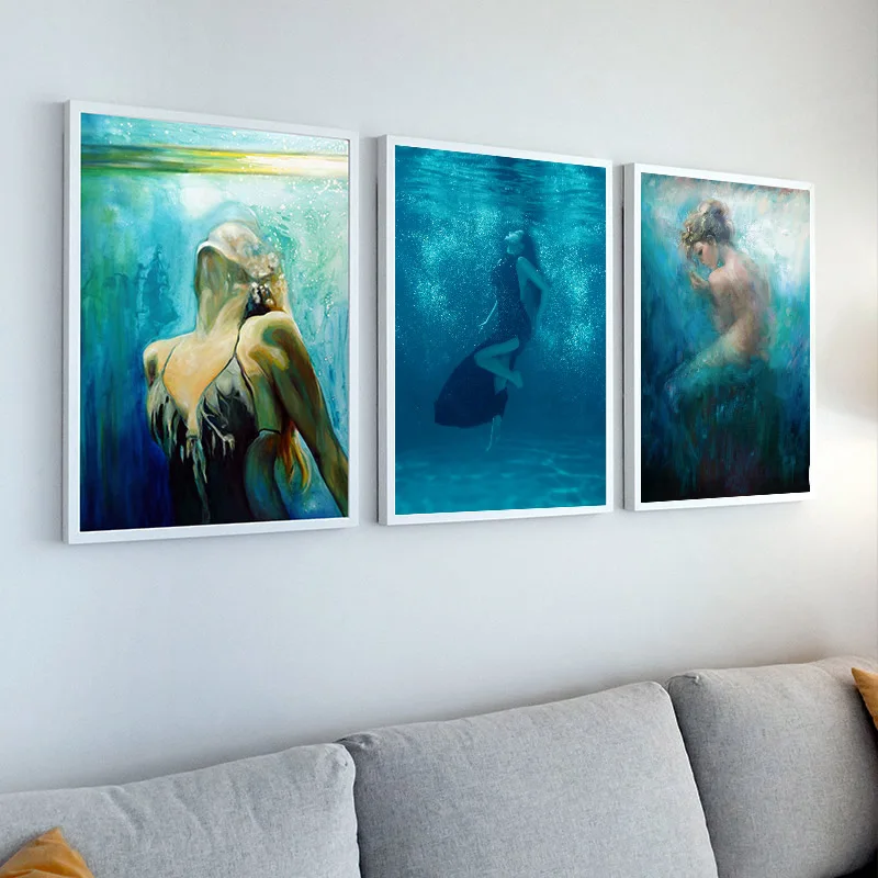 Настенная живопись на холсте синий глубоководный меланхоли девушка абстрактное