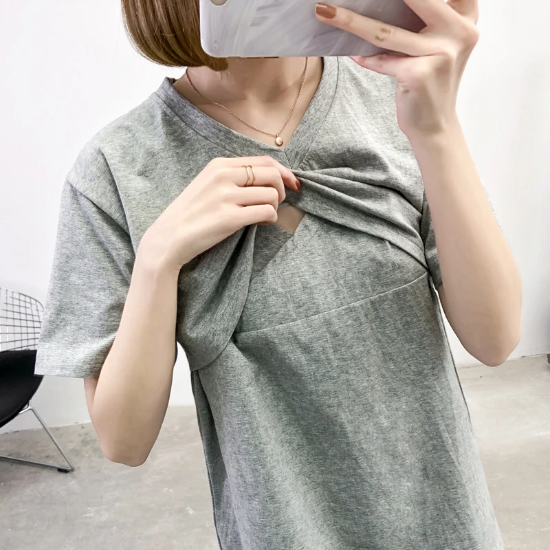 Однотонная хлопковая футболка для грудного вскармливания с коротким рукавом и