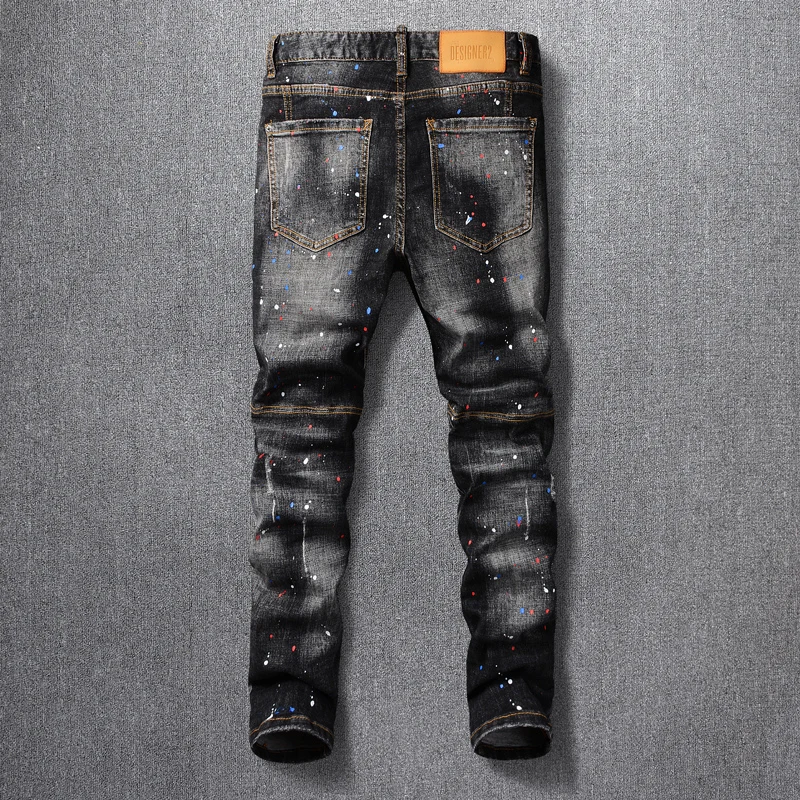 American Street Fashion Men Jeans Retro Black Gray Elastic Cotton Slim Ripped Jeans Men Pocket Patched Hip Hop Denim Punk Pants