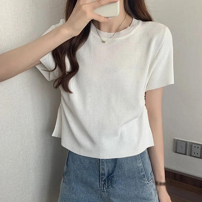 

Women T-Shirts Summer Short Sleeve Knitted Tops Fashion Casual High Waist Bottoming T-Shirt