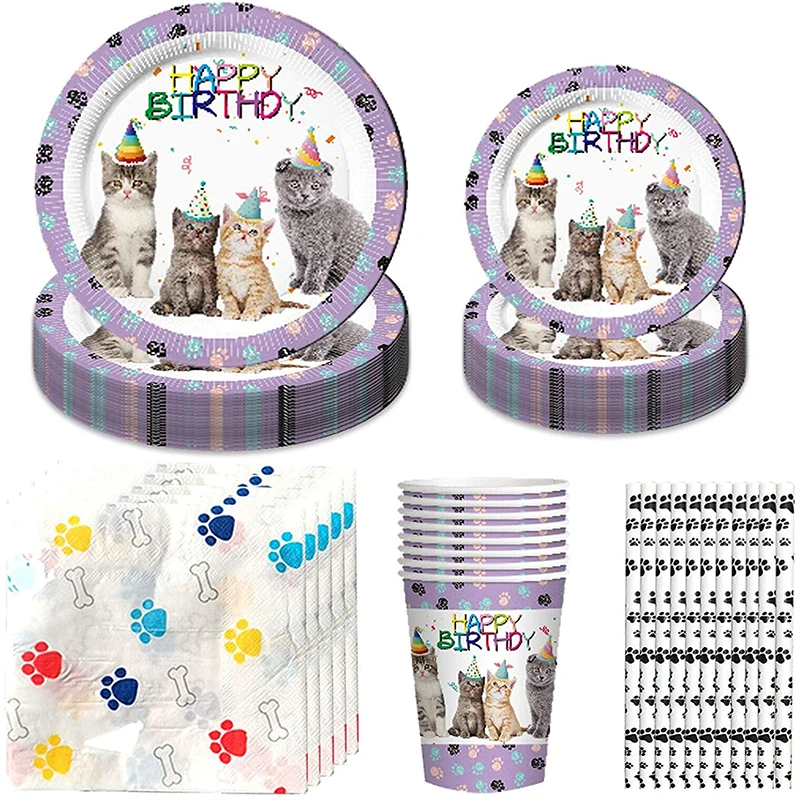 

60Pcs Cat Party Supplies Paw Cat Themed Girl Kids Birthday Decorations Disposable Tableware Set Dessert Plates Paper Cups Napkin