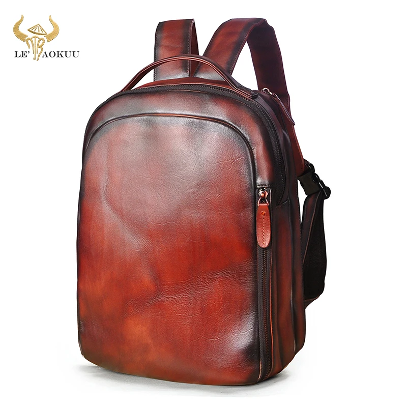

New Men Genuine Leather Retro Wine Travel Bag University School College Bag Design Male Laptop Backpack Daypack Student Bag 621