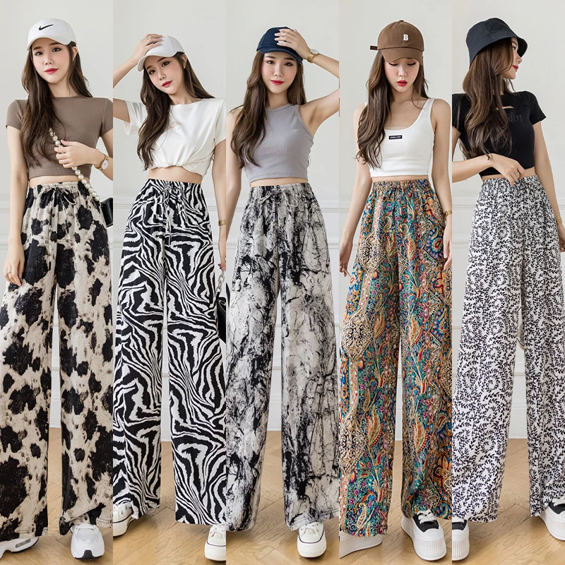 2021 Women's Summer Autumn Thin Style Personalized Printing Trousers Elastic Waist Loose Casual Chiffon Wide-Leg Pants