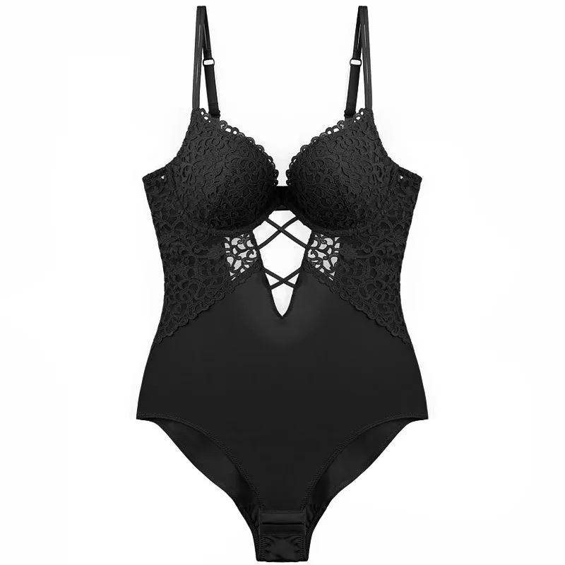 

New French Brand Bodysuit Sexy Hollow Lace Embroidery Underwear Shapewear Bra Set Classic Black Beautiful Back Bodycon Onesies