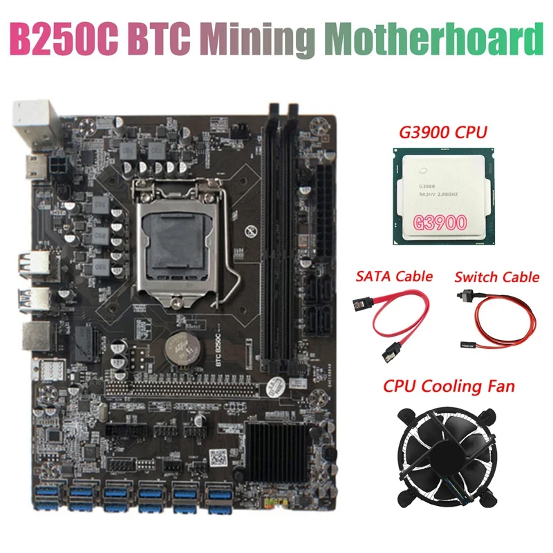 

Материнская плата B250C для майнинга BTC с ЦП G3900 + вентилятор + кабель SATA + кабель переключения 12xpcie на USB3.0 слот GPU LGA1151 поддерживает DDR4