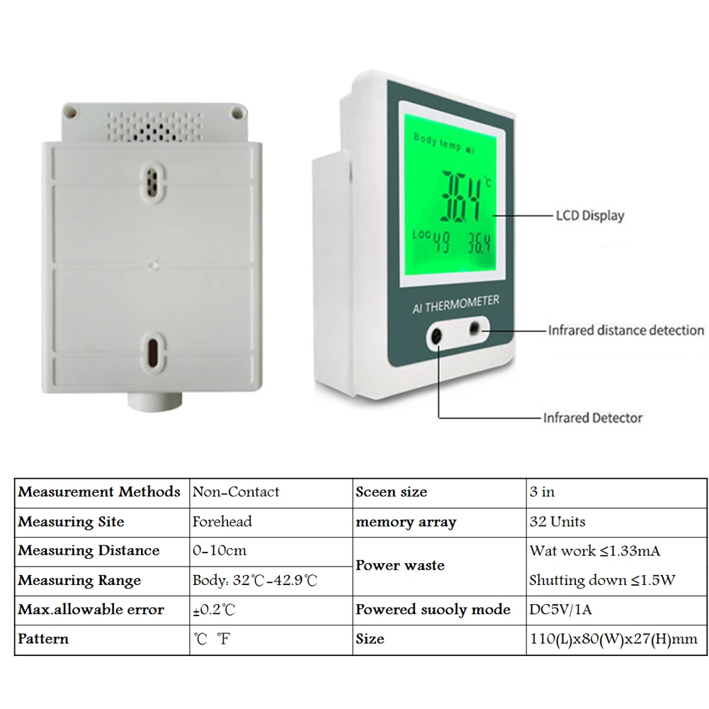 

Wall Mounted Infrared Thermometer Home Bus Station Supermarket Backlight Non Contact School For Adults Children Digital Display