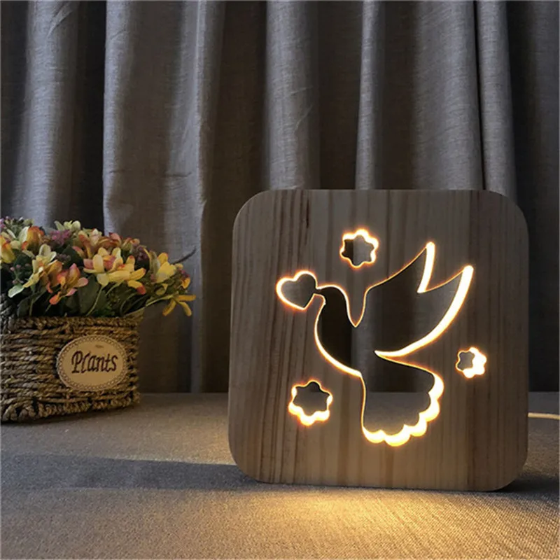 3D bird pigeon decoration night light wooden night light DIY custom decorative LED lighting USB desktop table lamp gift