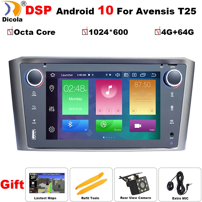Автомагнитола DSP4 + 64 ГБ Android 10 GPS мультимедиа стерео DVD-плеер для Toyota Avensis T25 2003-2008