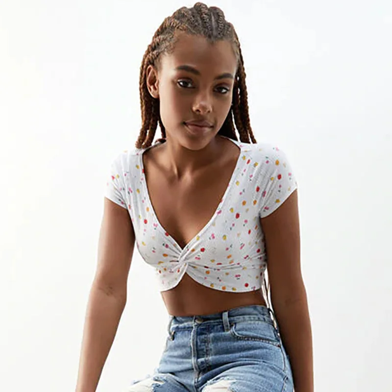 

2021 Fruit Print Rural-style V-neck Fashion Women Short Sleeve Fresh and Sweet Sexy Summer Ultra-short Chic Famale Tops
