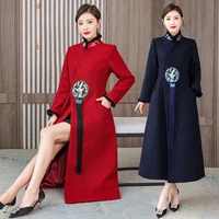 winter chinese retro stand collar embroidery woolen coat long sleeve red fashion turtleneck cashmere women clothes tassel