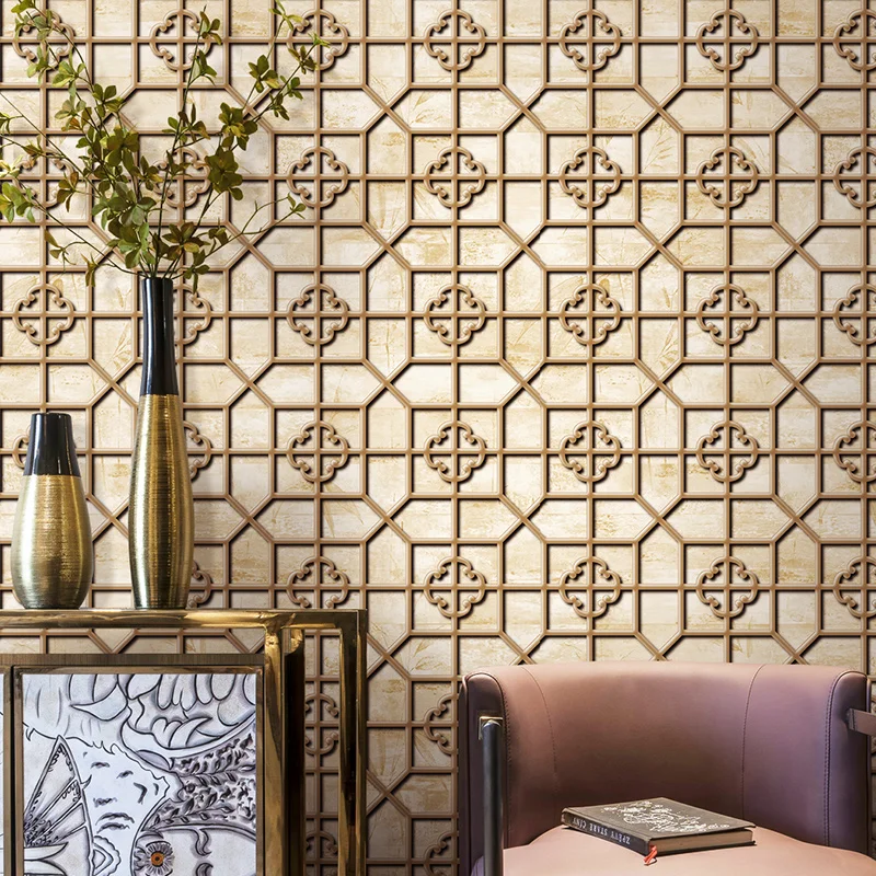 

Vintage Green Chinese Style Carved window pane PVC Waterproof Khakii Wallpaper Geometric Wall Paper For Study Restaurant Hotel
