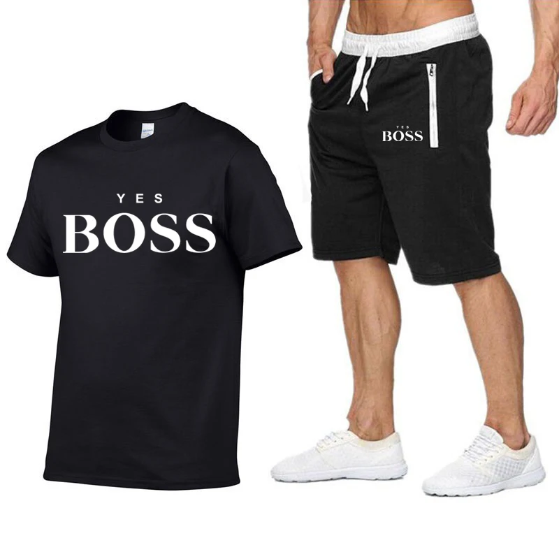 

Funny Yes Boss Print Short sleeve T shirt+Beach Shorts Two Pieces Sets 2021 Summer Brand T-shirt Jogging Pants Harajuku Tops Tee