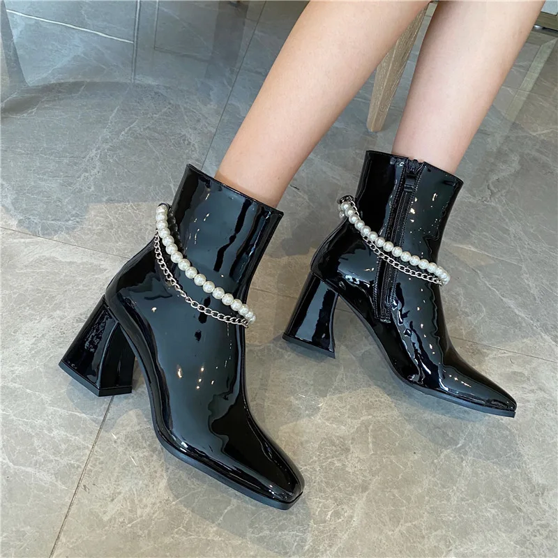 Женские ботильоны на толстом высоком каблуке дамские ботинки с цепочкой