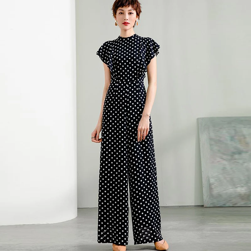 2022 Women Summer Polka Dot Jumpsuit Overalls Party High Street Chiffon Elegant Ruffles Wide Leg Black Rompers Clothing 3XL 4XL