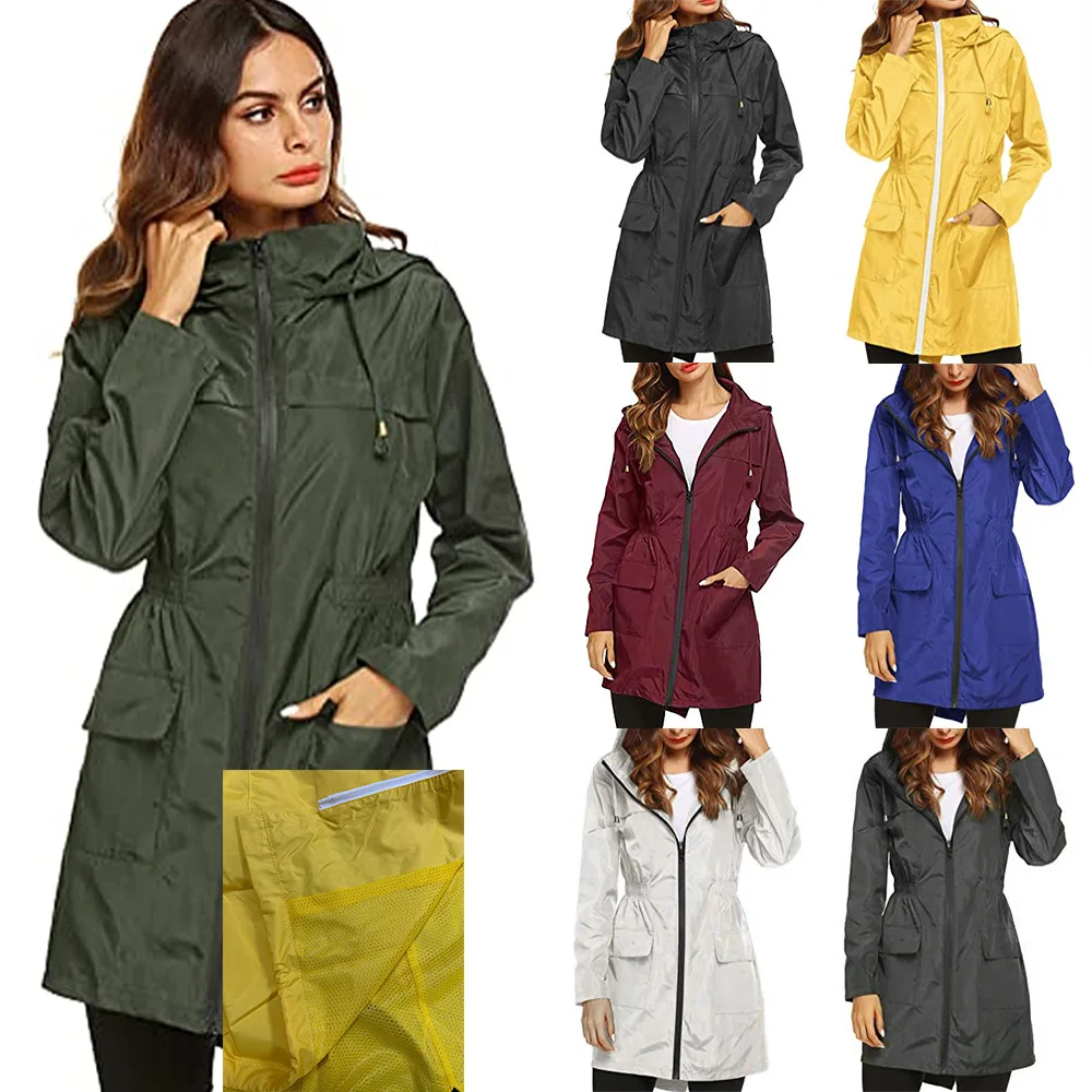 

Donsignet Outdoor Sports Jackets Double Adjustable Waist Hooded Rainsuit Raincoat Mid-length Trench Coat Womens Coat