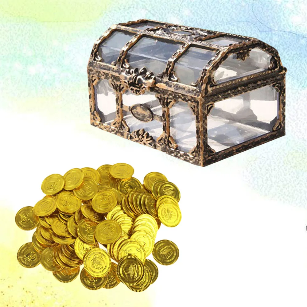 

Transparent Pirate Box Treasure Box Chests Keepsake Storage Box Organizer with Gold Coins for Kids (1 Pirate Box + 100 Gold Coin