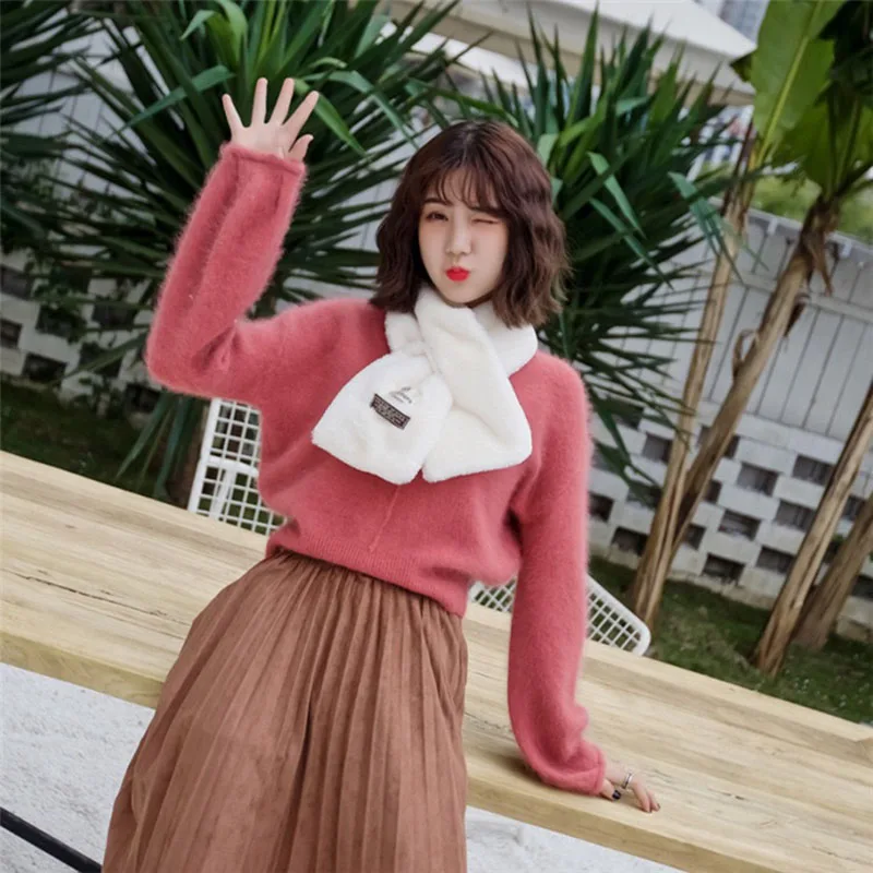 Короткий черный женский шарф Calymel зимний плотный плюшевый воротник из