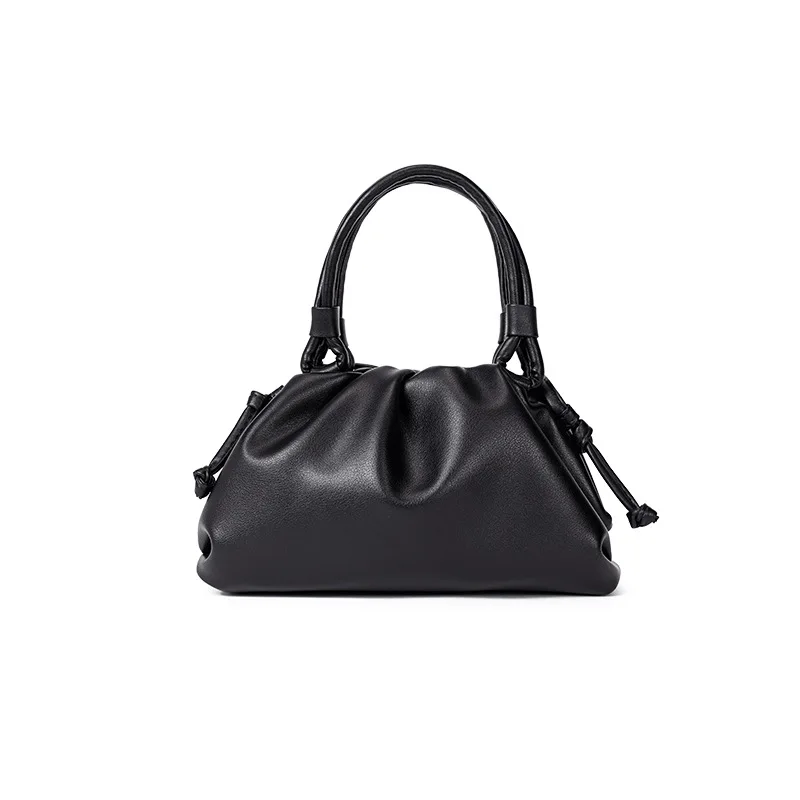 women handbag cowhide Shoulder bag fashion pleated cloud bag - Цвет: black