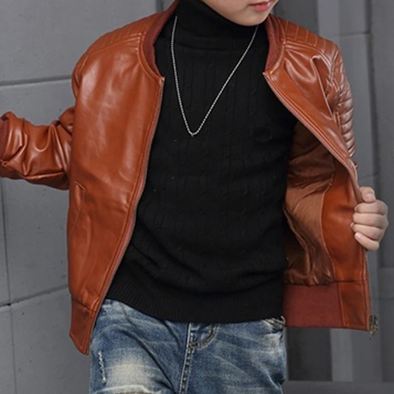 

New Arrived Boys Coats Autumn Winter Fashion Korean Children's Plus Velvet Warming Cotton PU Leather Jacket For 6-15Y Kids Hot