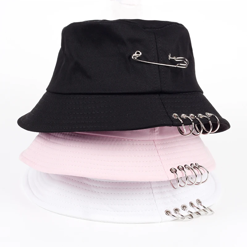 

Solid Color iron pin rings personality Bucket Hat cap for unisex women men cotton fishermen caps factory sells directly