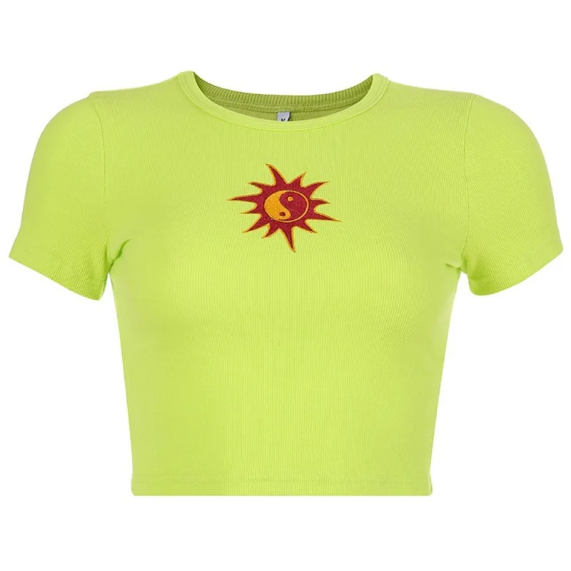 

Summer Sexy Little Sun Embroidered Fluorescent Rib Stripe Navel New Generation T-shirt Women Women T-shirt Short Sleeve