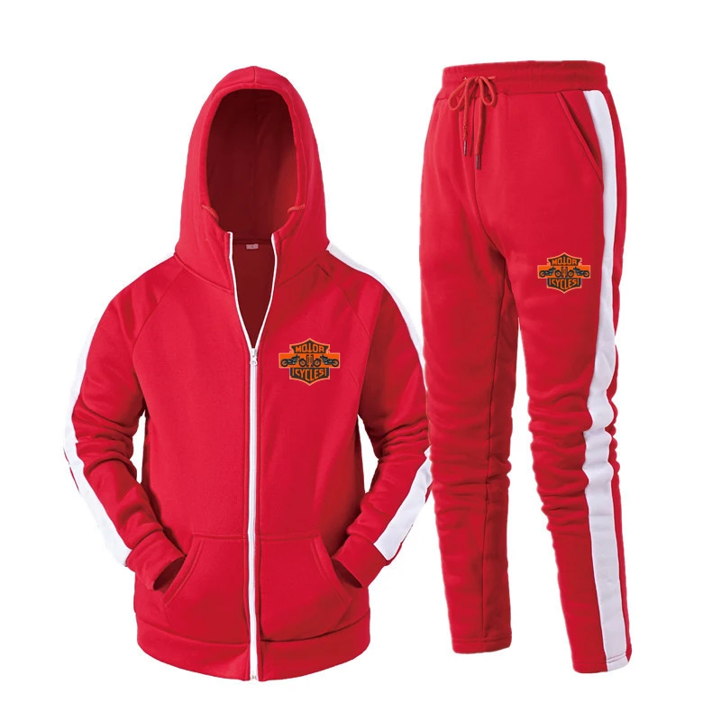 

2 Pieces Sets Tracksuit Men New Brand Autumn Winter Hooded Sweatshirt +Drawstring Pants Male Stripe Patchwork Hoodies Bigsweety