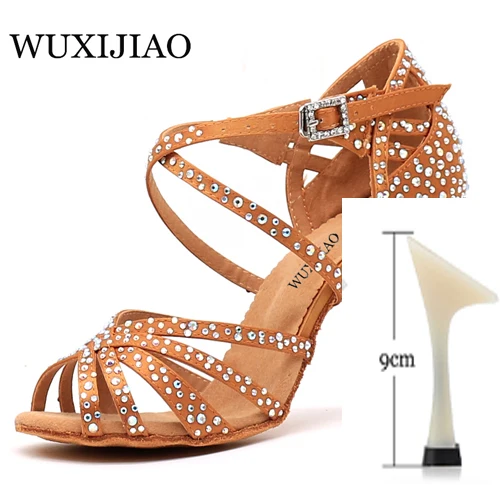 bronze heel 9cm WUXIJIAO Женская танцевальная обувь для вечеринки Атласная блестящая обувь для латинских танцев с мягкой подошвой и стразами Женская обувь для сальсы heel5CM-10CM - Цвет: bronze heel 9cm