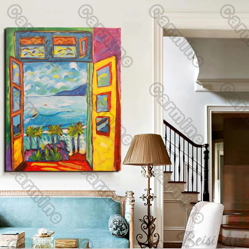 

Poster Colored Windows Blue Seascape Canvas Painting Wall Art Nature Home Decoration for Living Room and Bedroom Frameless