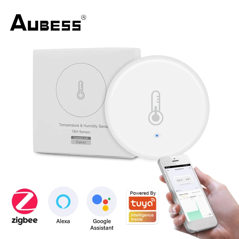 

Датчик температуры и влажности Aubess Zigbee, умный комнатный гигрометр, термометр, детектор для домашней безопасности, для Alexa Google Home