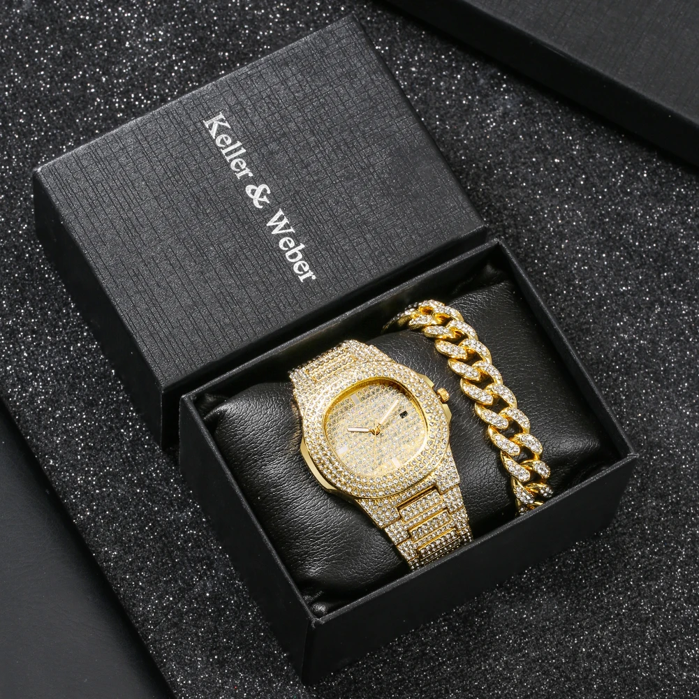 

Men's Watch Rhinestone Golden Watch Diamond Boyfriend Gift Ideas Men Male Studded Watch with Stainless Steel Bracelet Gift Set