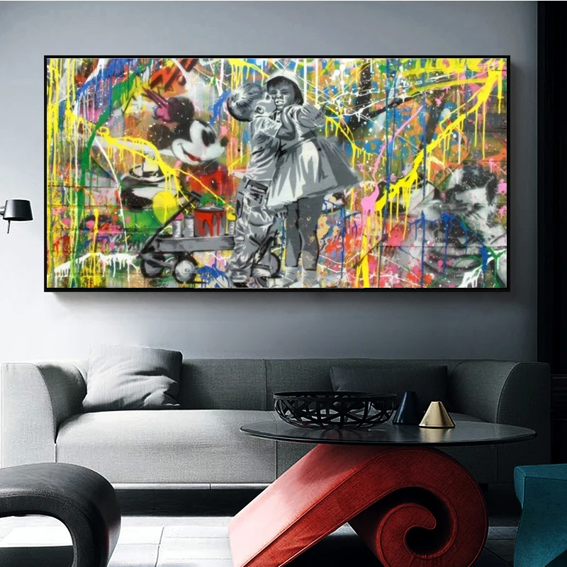 Мальчик поцелуй Девушка стены граффити искусство холст печать улица поп картины