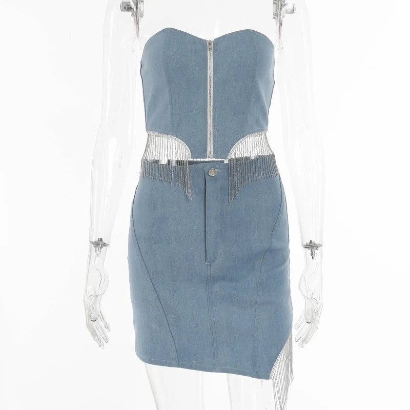 

Cowboy Two-piece Female Suit Seven-point Blouse Jeans Skirt Suit Fashionable Style Strapless Tassel Sexy Irregular Denim Suit