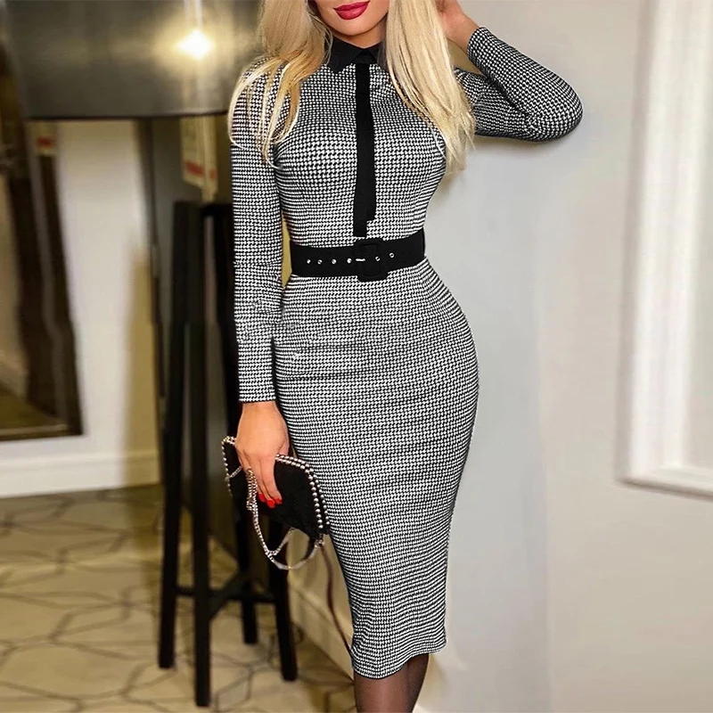 

2021 New Fashion Women Sexy Bodycon Dress Autumn Long Sleeve Slim Fitness High Waist Dress Elegant A Line Pencil Dresses New