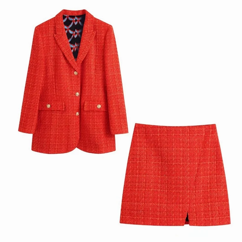 

Women Suit Autumn 2021 New Fashion Full Sleeve Prints Lining Outerwear and Mini Skirt Modern Lady Set Clothing