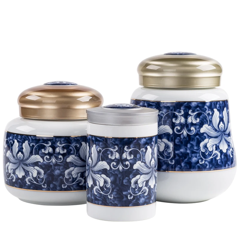

Blue and White Porcelain Sealed Storage Jar with Alloy Lid, Rattan Flower Ceramic Jar, Coffee Bean Tea Storage Bottle Decoration